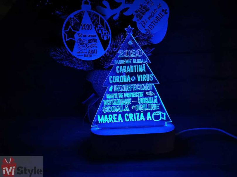 Lampa LED cu Baza de Lemn Bradut 2020 Covid albastru