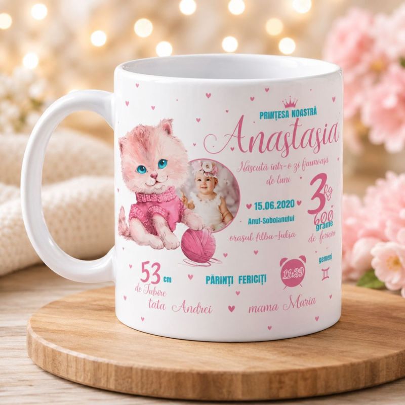 Cana Personalizata Pisica cu Datele Copilului Anastasia