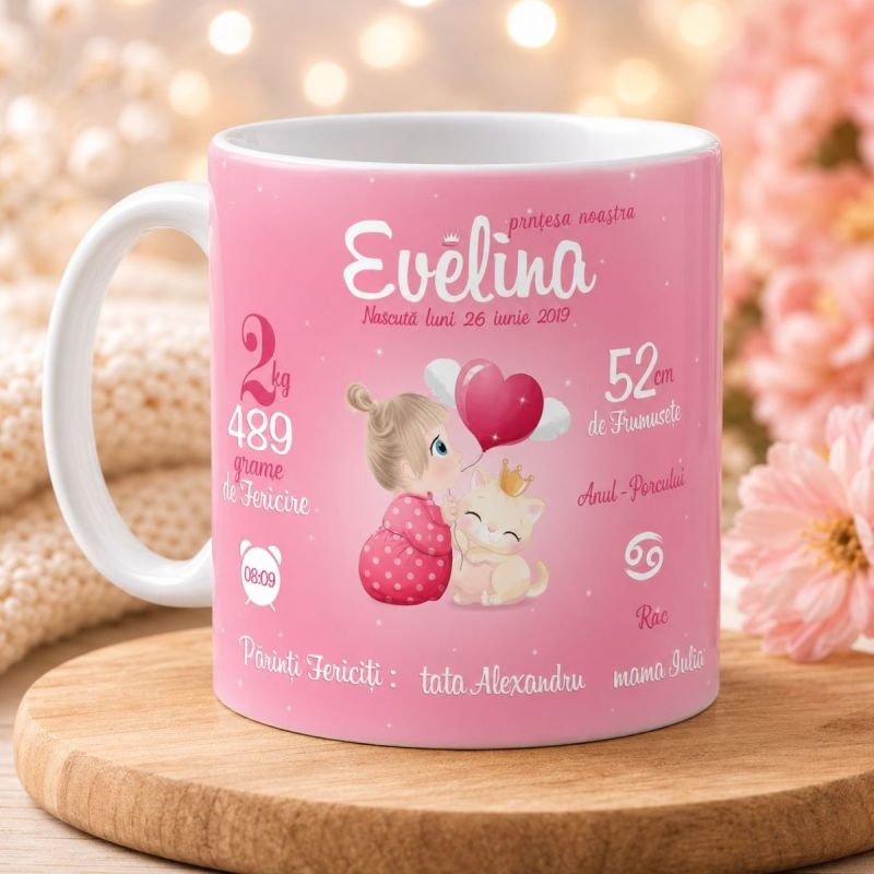 Cana Personalizata Pisicut cu Datele Copilului Evelina