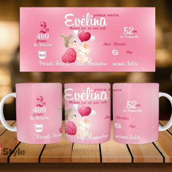 Cana Personalizata Pisicut cu Datele Copilului Evelina