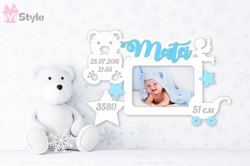 Rama Foto Personalizata Bebelusi Ursulet cu O Poza albastru baietei