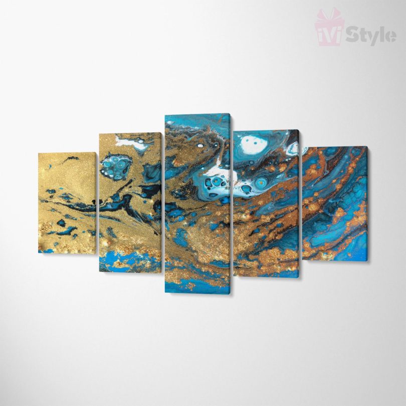Set Tablou Multicanvas Premium Decor 5 piese - Blue and Gold Foil