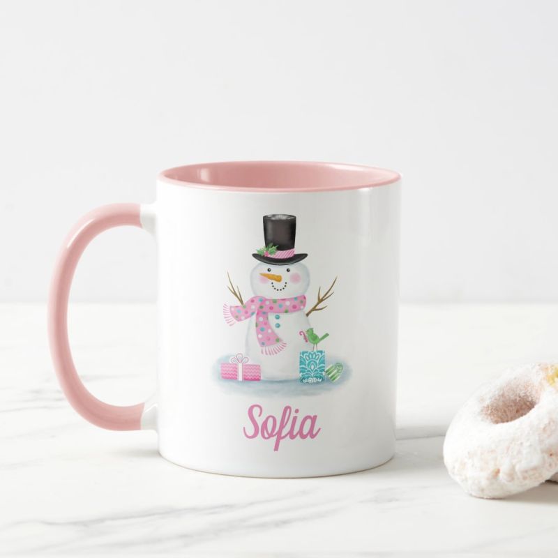 Cana cu nume Om de zapada colorat fetita roz