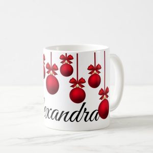 Cana personalizata cu nume globuri craciun alba