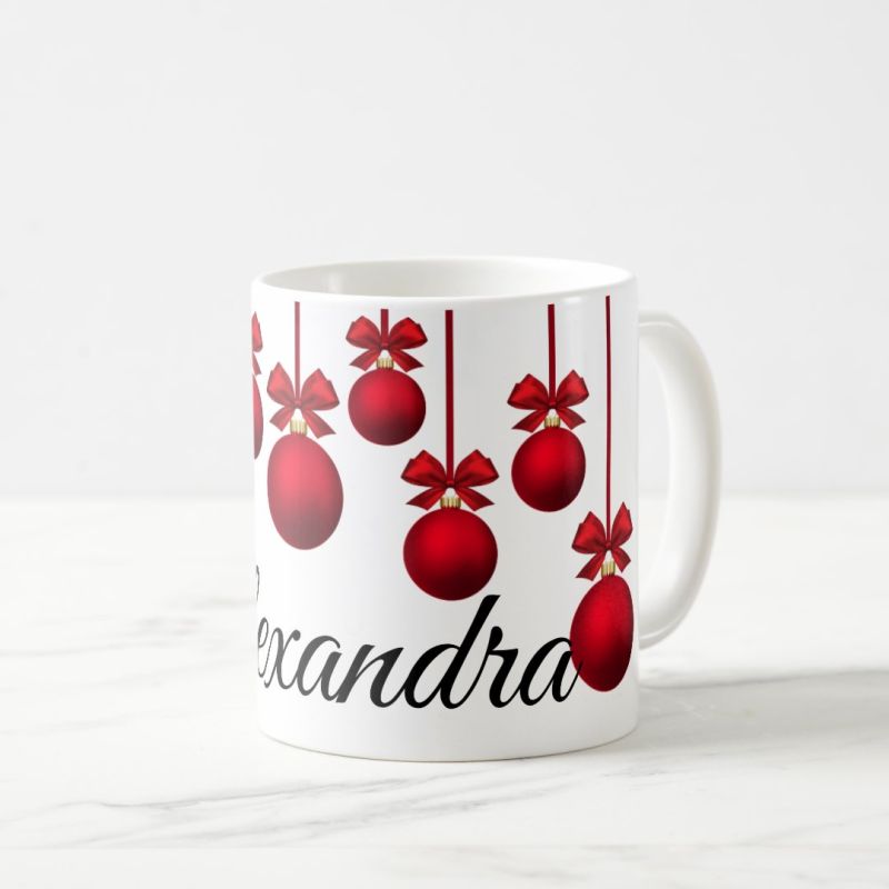 Cana personalizata cu nume globuri craciun alba