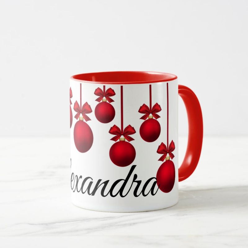 Cana personalizata cu nume globuri craciun rosie