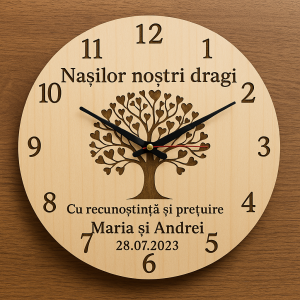 ceas cadou pentru nasi gravat pe lemn