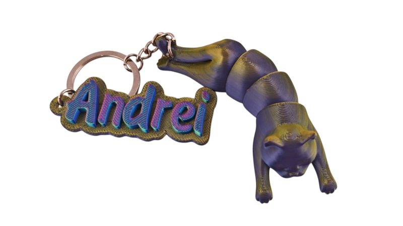 Breloc Pisică Flexibilă cu Nume – Imprimat 3D 03