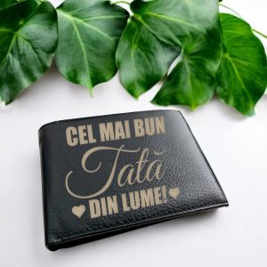 Portofel personalizat barbati gravat cel mai bun tata din lume, piele naturala
