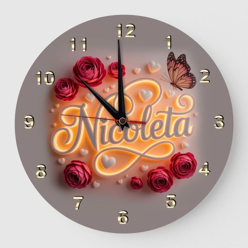 Ceas de Perete Personalizat Nicoleta Trandafiri Roșii, Inimi și Fluture Cadou Romantic Ceas de Perete Personalizat “Nicoleta” – Trandafiri Roșii, Inimi și Fluture