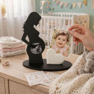 Ramă foto ecografie și poză bebe cu suport inimă – Cadou pentru gravidă, viitoare mămici