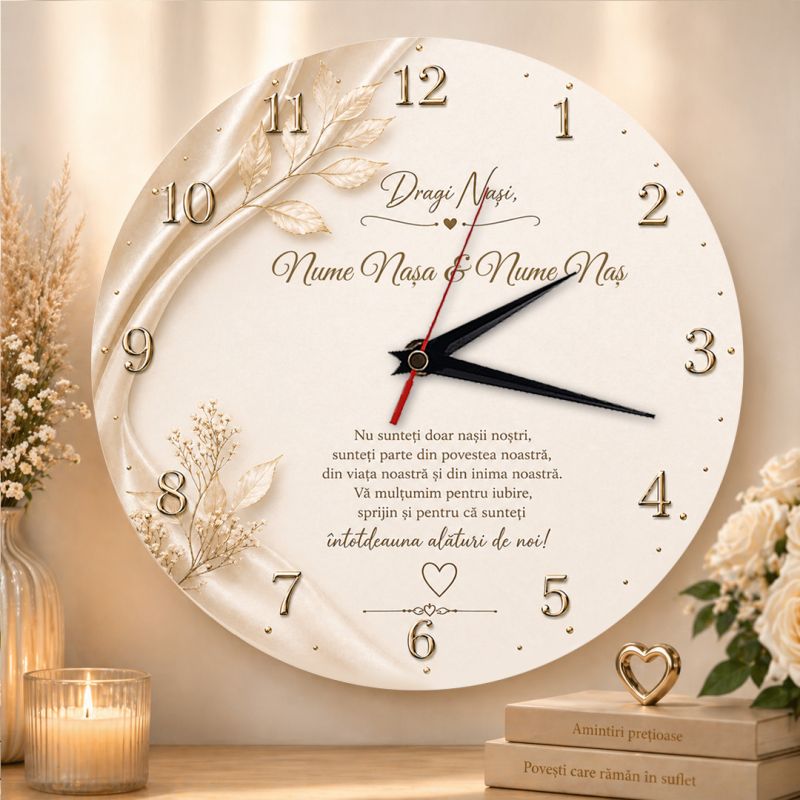 Ceas Personalizat pentru Nași – Mesaj „Dragi Nași” – Cadou Elegant Nuntă sau Botez