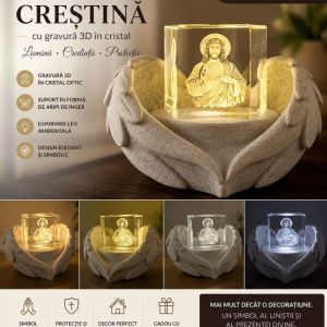 Cristal 3D cu Iisus și Suport Înger cu led.