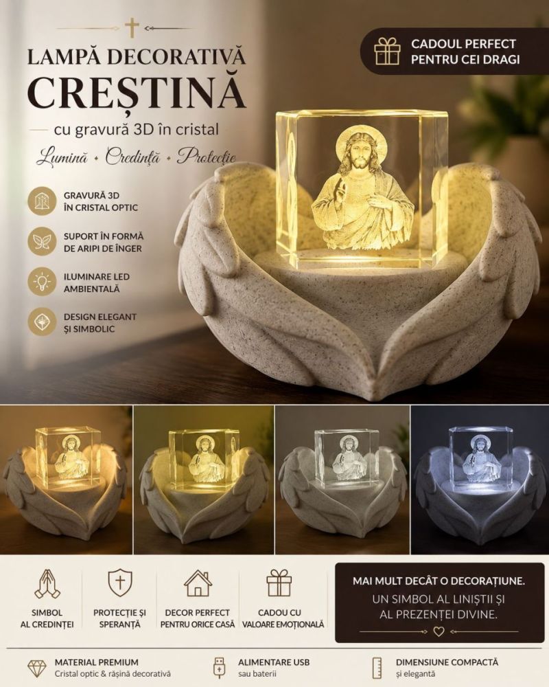 Cristal 3D cu Iisus și Suport Înger cu led.