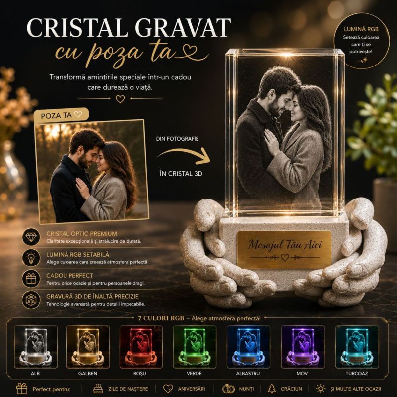 Cadou cristal gravat 3D lampa LED cu poza ta