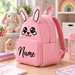 Ghiozdan Personalizat cu Nume pentru Copii – Iepuraș Roz