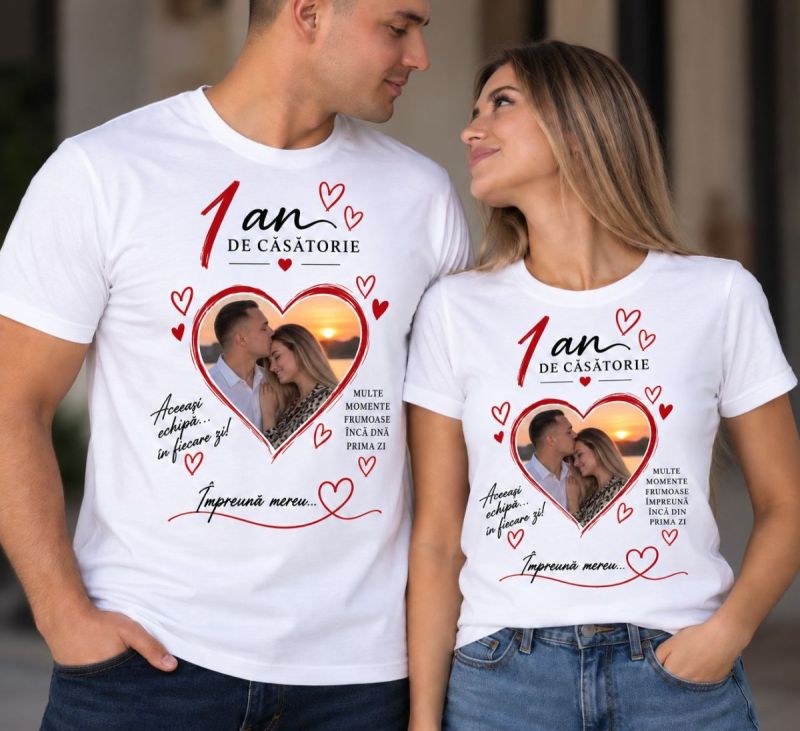 Set Tricouri Cuplu Personalizate - 1 an de casatorie