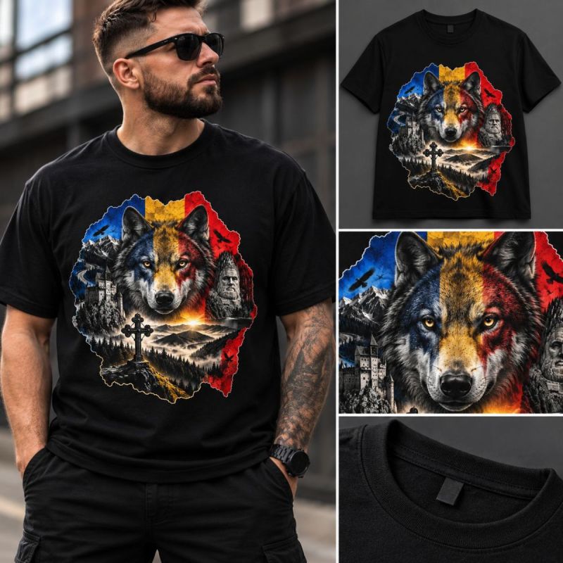 Tricou Negru Spiritul României – Lup & Tricolor
