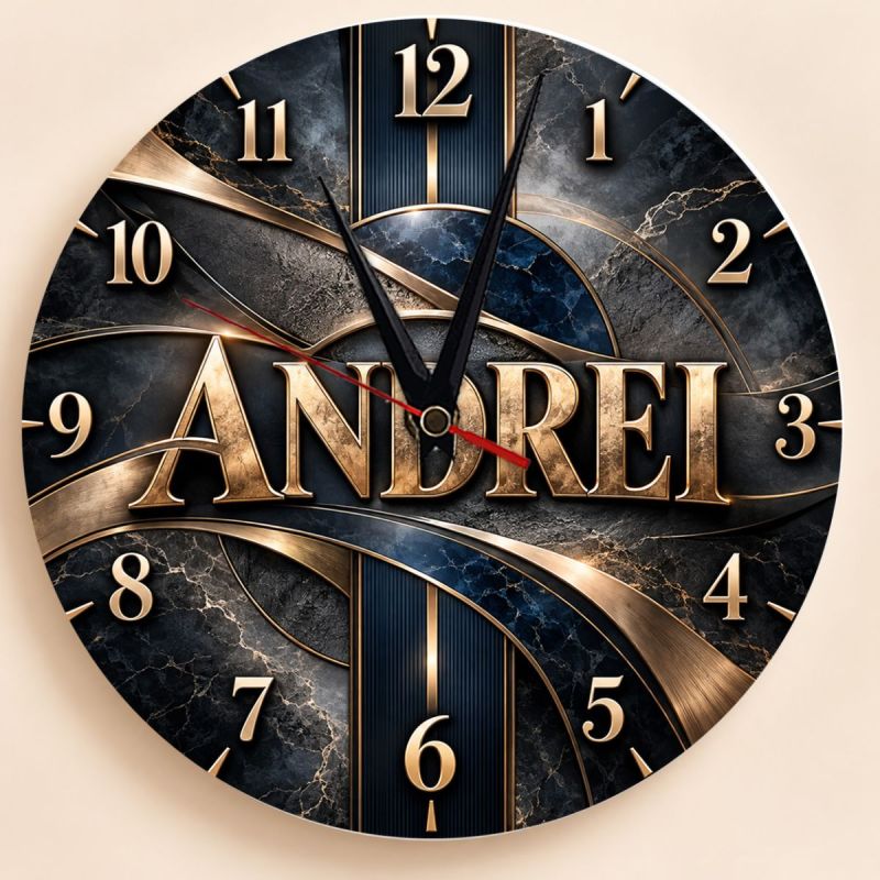Ceas cadou personalizat cu numele Andrei, marmură neagră și accente aurii