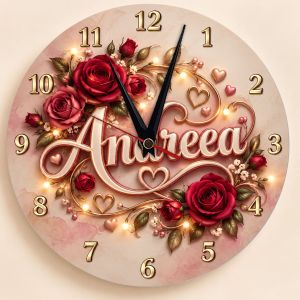 Ceas cadou personalizat cu nume Andreea, trandafiri roșii și detalii aurii