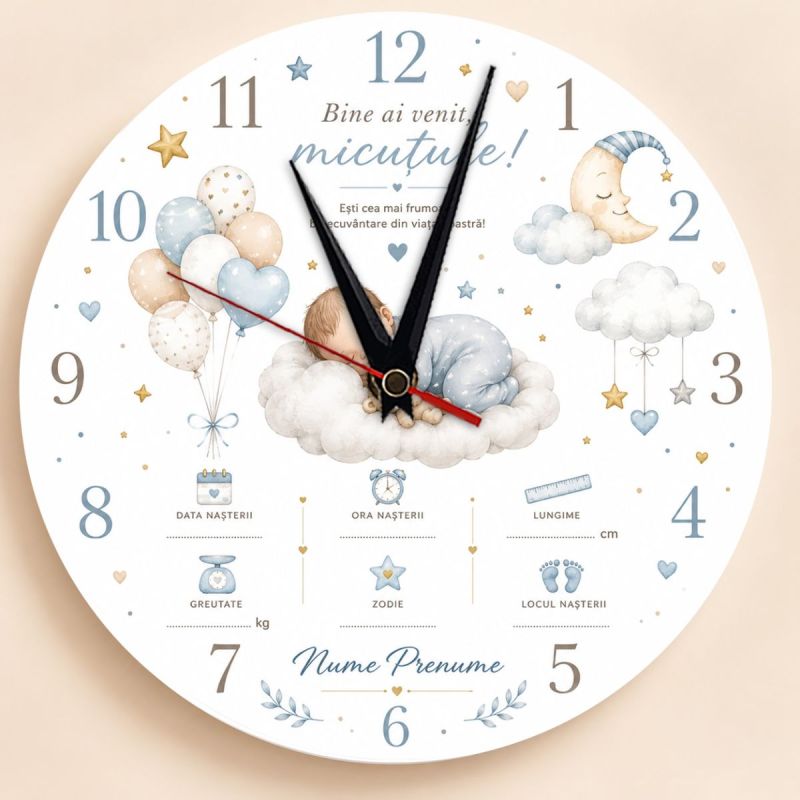 Ceas Cadou Personalizat pentru Bebeluși – Amintirea Nașterii Băiețelului 01 Ceas cadou personalizat pentru bebeluși cu nume și datele nașterii băiețelului