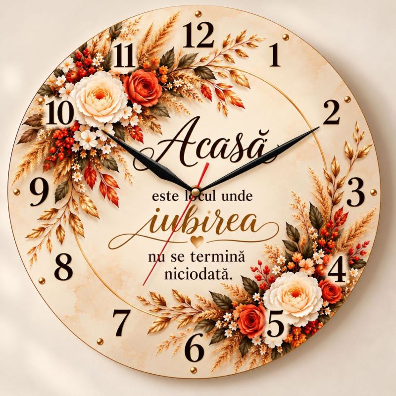 Ceas de Perete Decorativ Acasă – Iubire Eternă, Floral Elegant Model 01