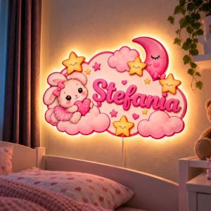 Lampă de Veghe LED Personalizată Baby Dream – Iepuras pe Norișor