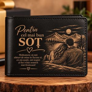 Portofel personalizat pentru soț din piele naturală neagră, gravat cu mesajul Cel Mai Bun Soț și ilustrație romantică cuplu la munte Copiază ALT