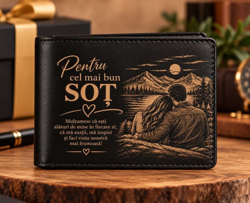 Portofel Personalizat Cadou pentru Soț – Cel Mai Bun Soț, Piele Naturală Portofel personalizat pentru soț din piele naturală neagră, gravat cu mesajul Cel Mai Bun Soț și ilustrație romantică cuplu la munte Copiază ALT