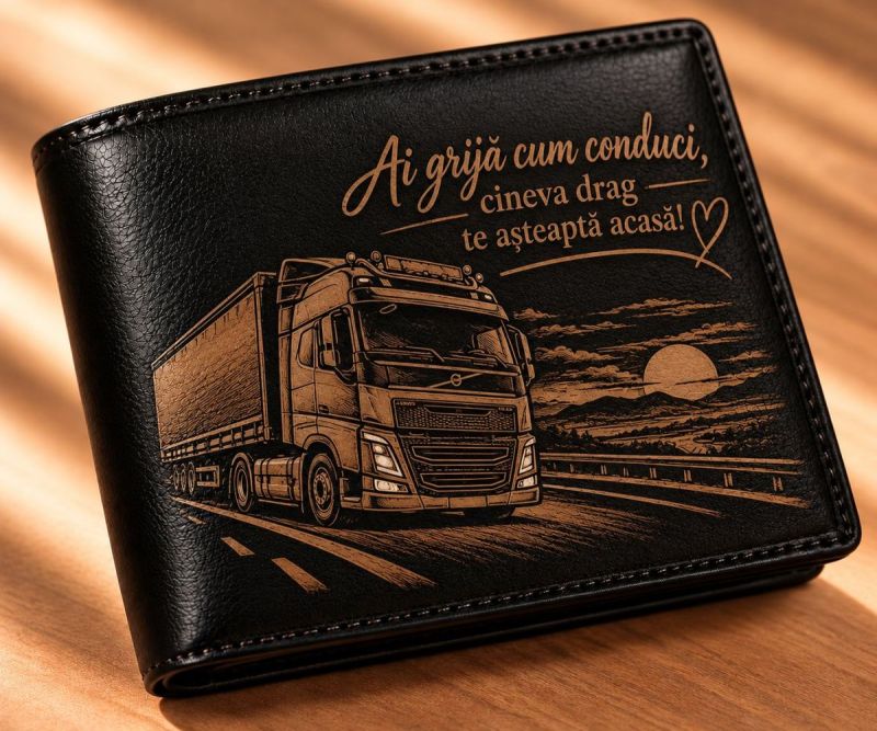 Portofel Personalizat Cadou pentru șofer tir Ai grijă cum conduci, Piele Naturală
