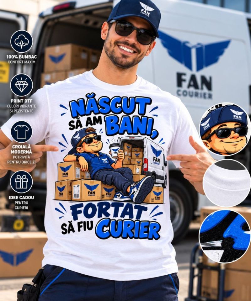 Tricou Curier FAN Courier – Născut să Am Bani, Forțat să Fiu Curier – Model 04