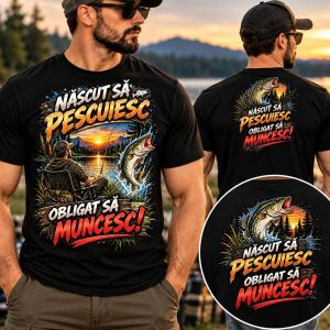 Tricou pescar – Născut să Pescuiesc, Obligat să Muncesc! Model 02. Design amuzant, imprimeu DTF și cadou original pentru pescari. Comandă online!