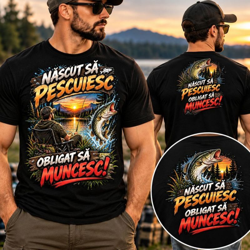 Tricou pescar – Născut să Pescuiesc, Obligat să Muncesc! Model 02. Design amuzant, imprimeu DTF și cadou original pentru pescari. Comandă online!