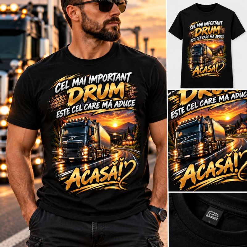 Tricou Șofer de TIR – Cel Mai Important Drum Este Cel Care Mă Aduce Acasă – Model 02