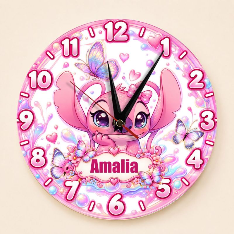 Ceas cadou personalizat cu nume Angel Stitch roz cu fluturași pentru fetițe