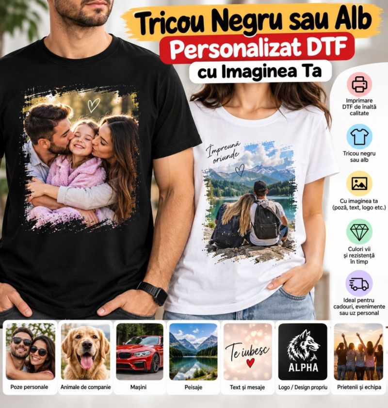 Tricou Negru Alb - Personalizat DTF cu Imaginea Ta